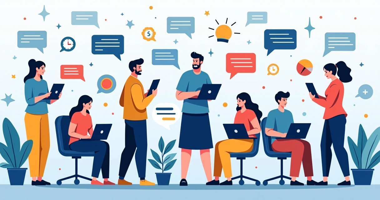 Pessoas variadas se conectando online em diferentes dispositivos, mostrando interações em comunidades digitais 