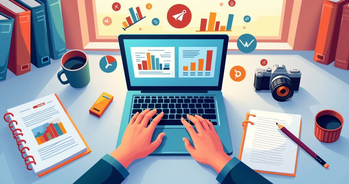 Profissional digitando em notebook com livros ao lado e gráficos na tela 