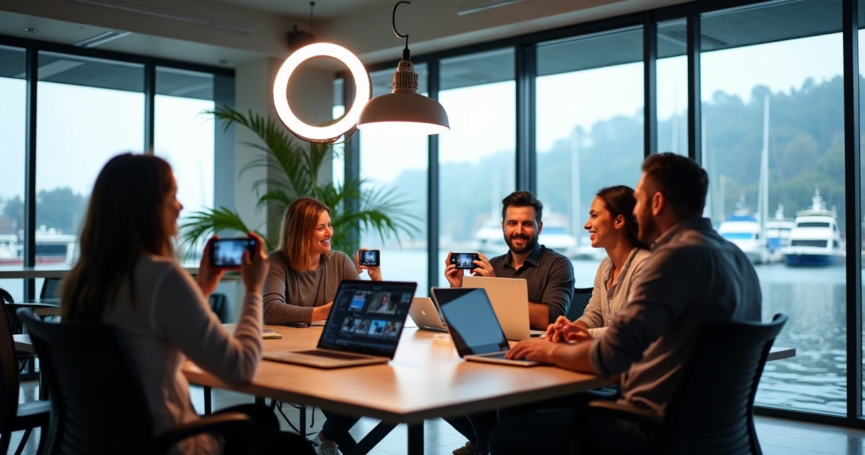 Equipe criando vídeos e posts para redes sociais em escritório com vista para Angra dos Reis 