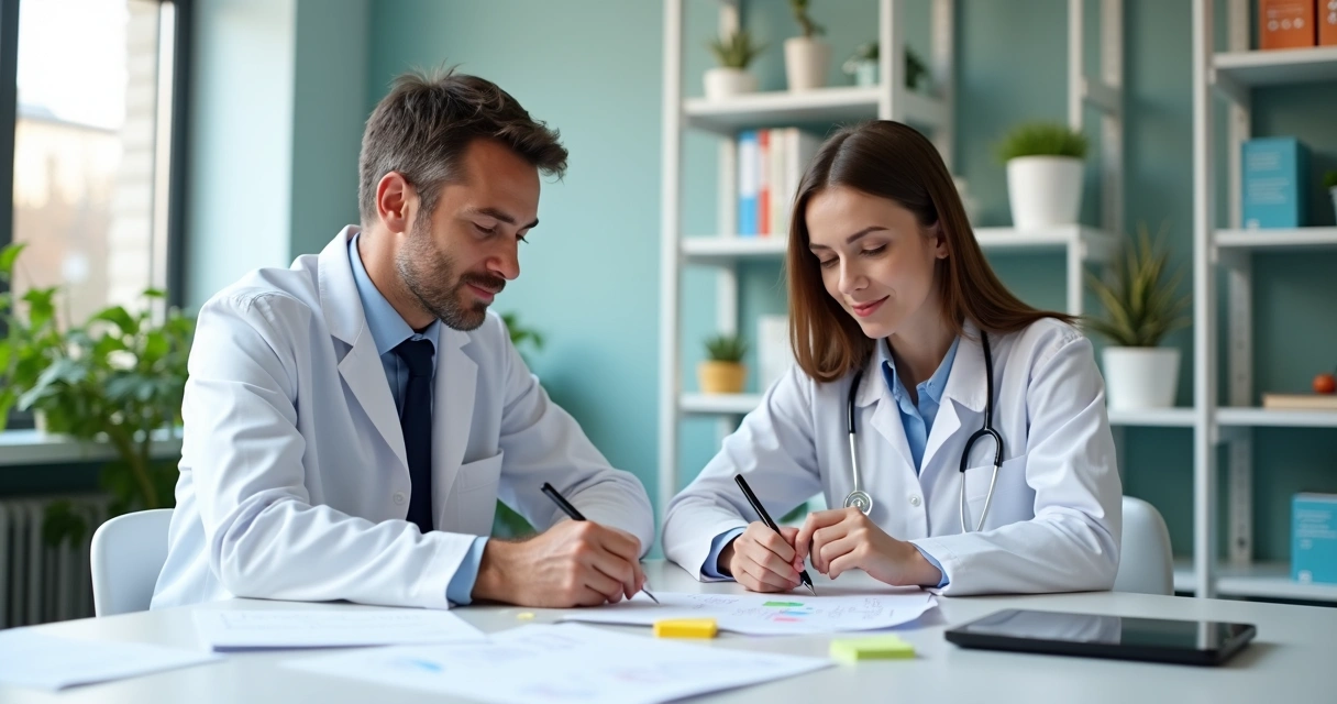 Médico escrevendo em bloco de notas ao lado de equpe 