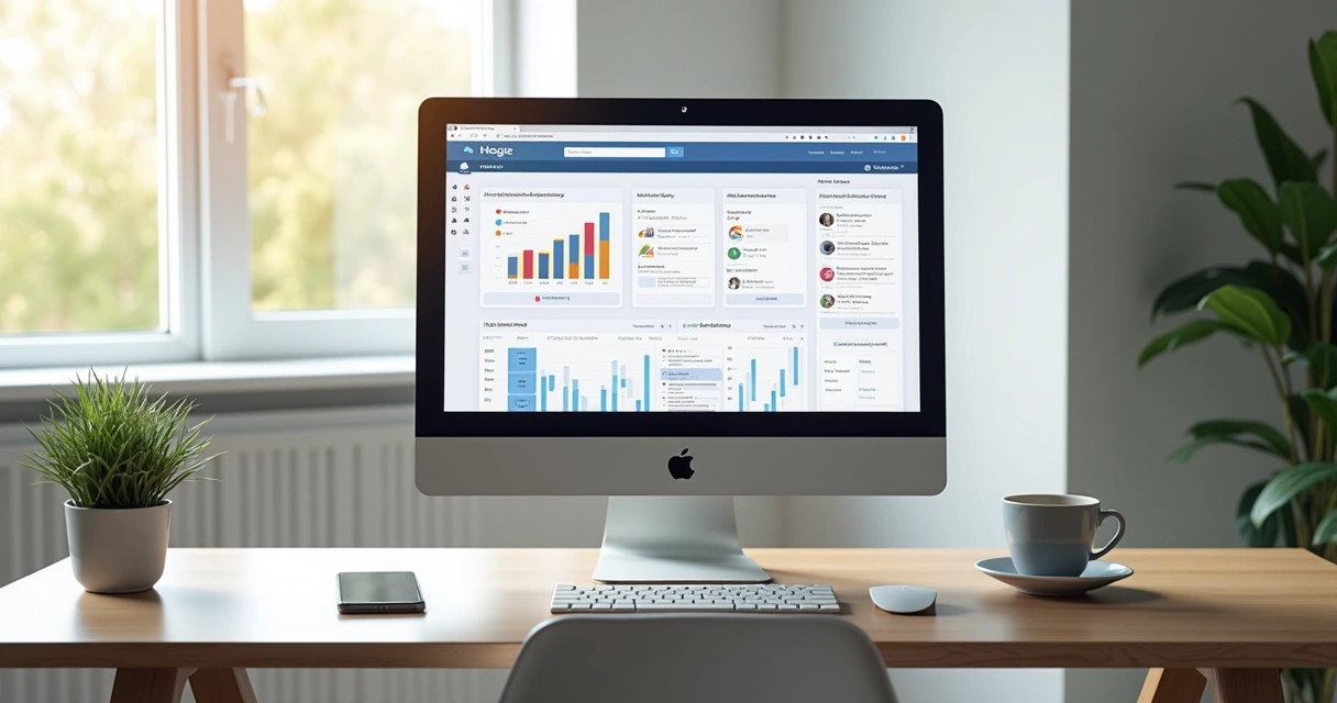 Computador moderno exibindo dashboard de SEO automático com gráficos, palavras-chave e publicações agendadas 