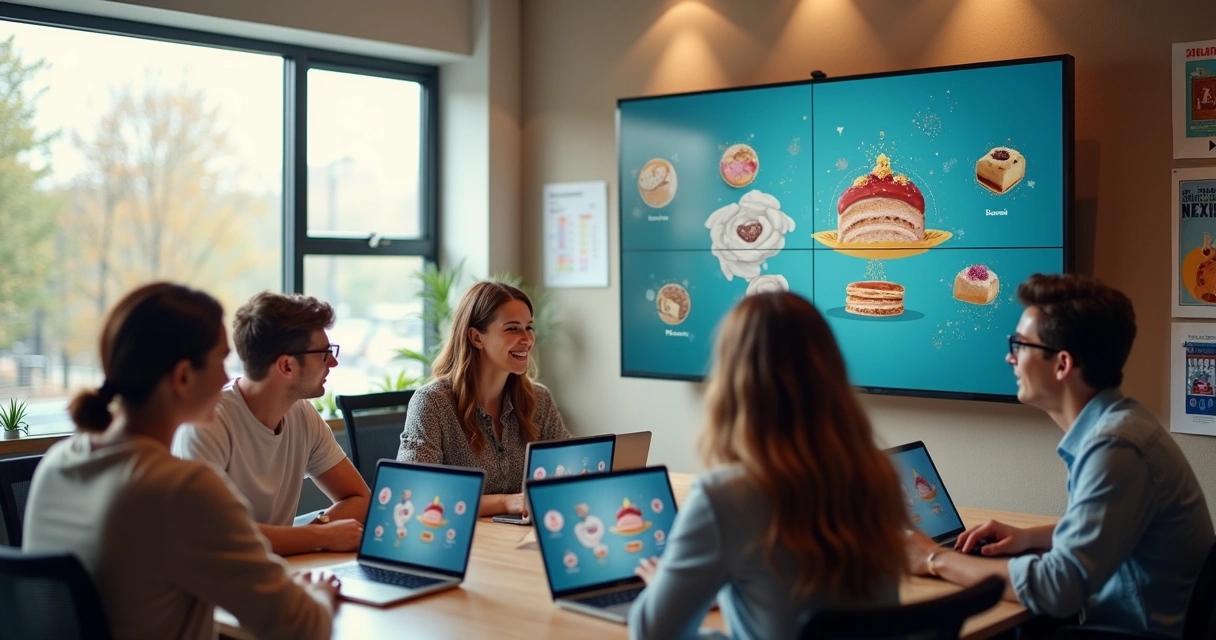 Equipe criando conteúdo personalizado no escritório usando IA 