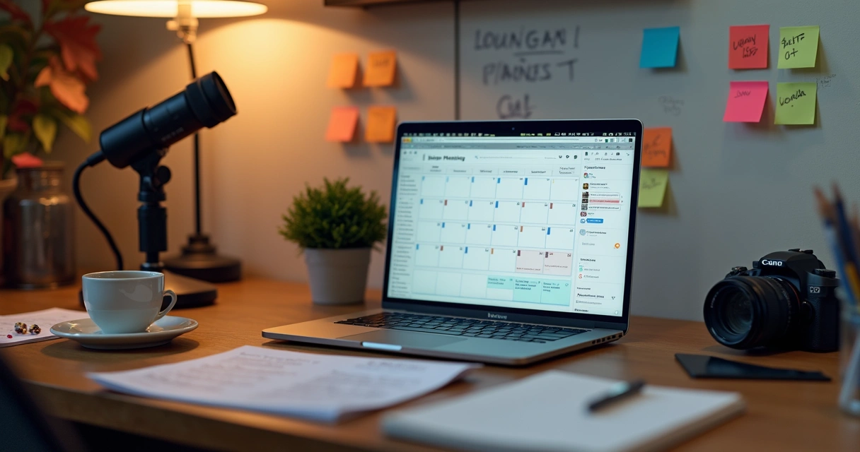 Bancada de trabalho com equipamentos de gravação e notas sobre produção de conteúdo 