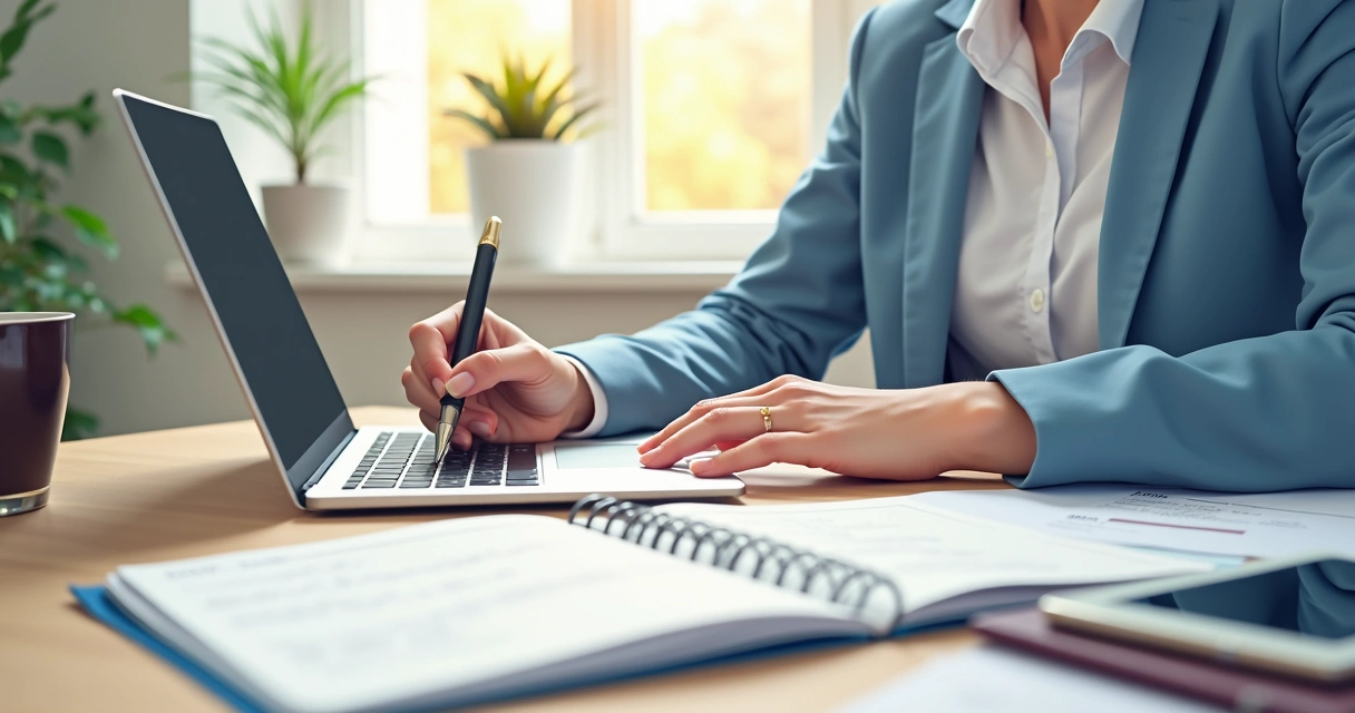 Pessoa escrevendo conteúdos de contabilidade em laptop em ambiente iluminado 
