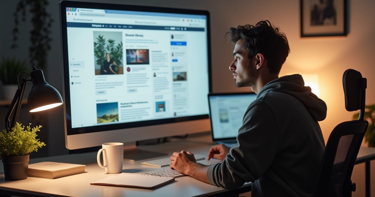 Pessoa criando conteúdo digital em computador moderno 