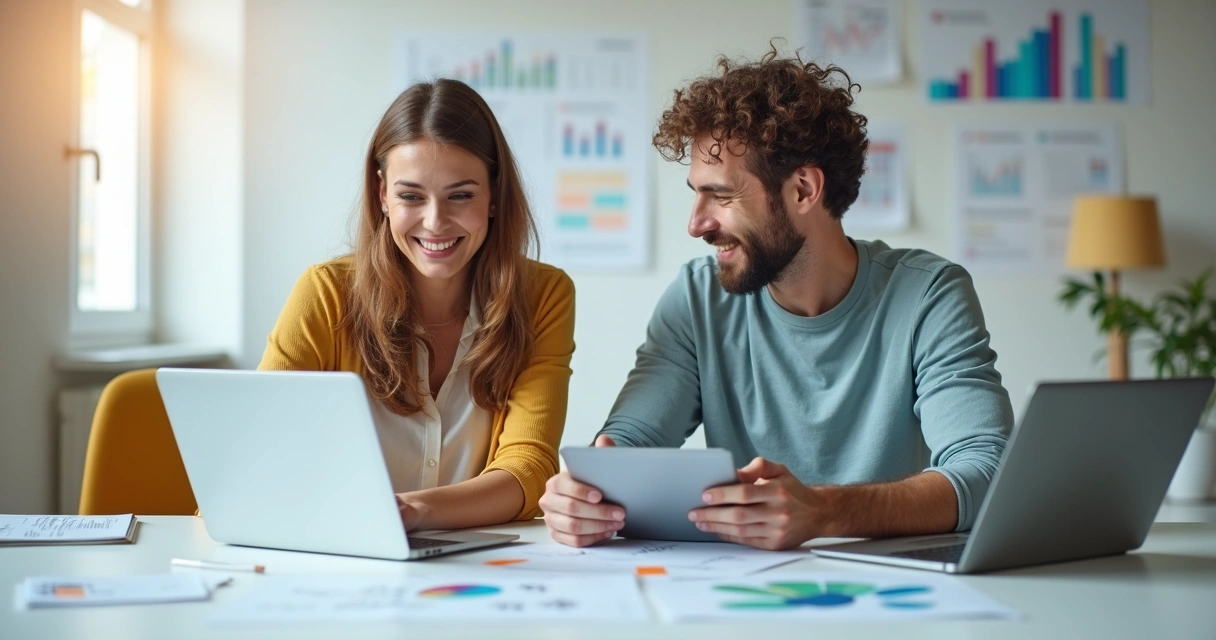 Pessoa criando conteúdo digital com laptop e elementos gráficos 