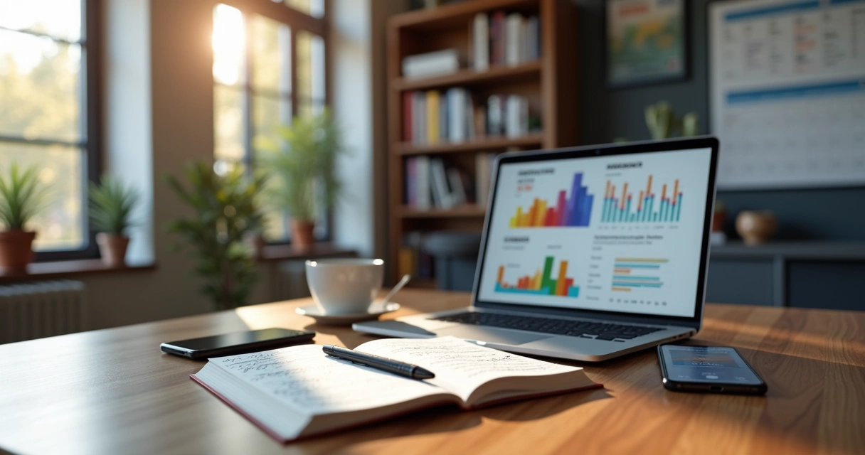 Mesa de escritório com notebook, caderno, caneta, smartphone e gráficos digitais na tela, simbolizando criação de conteúdo digital 