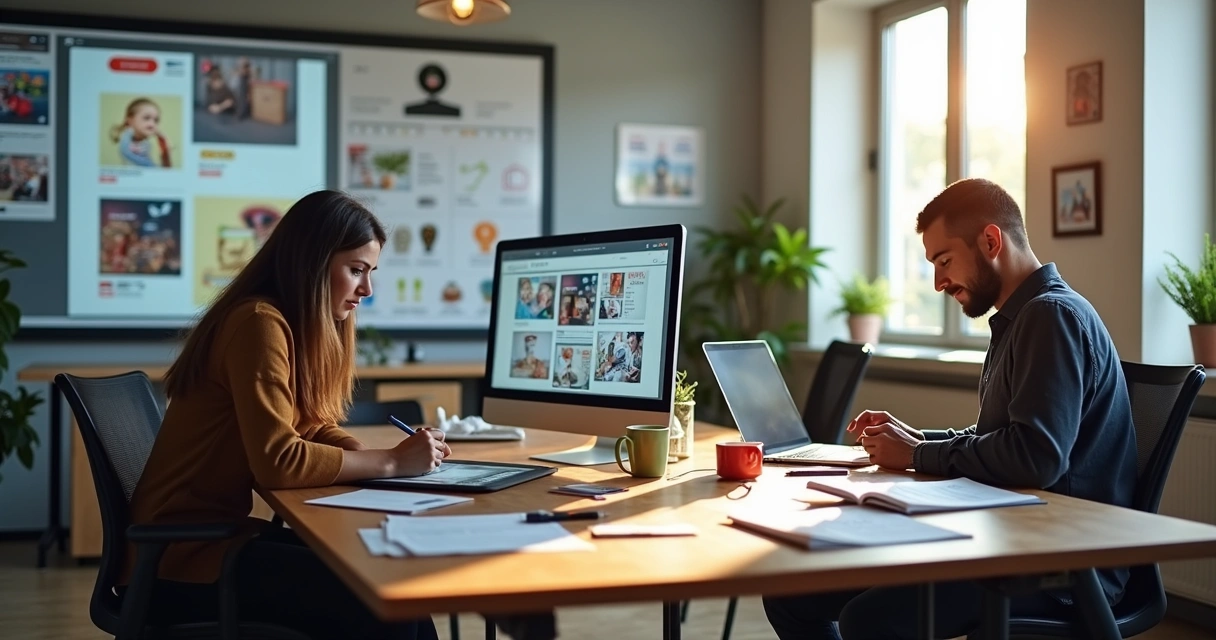 Designer e redator criando material de marketing digital no escritório 