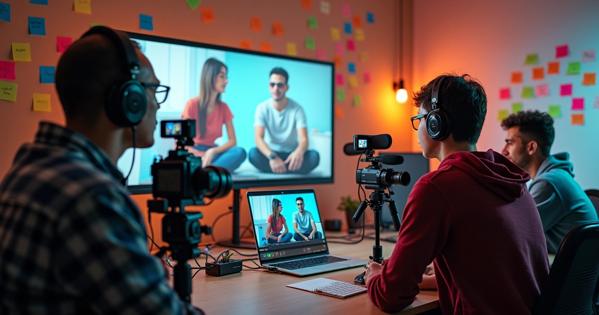 Estúdio de produção digital com equipamentos de gravação e equipe criando conteúdo em Parnaíba. 