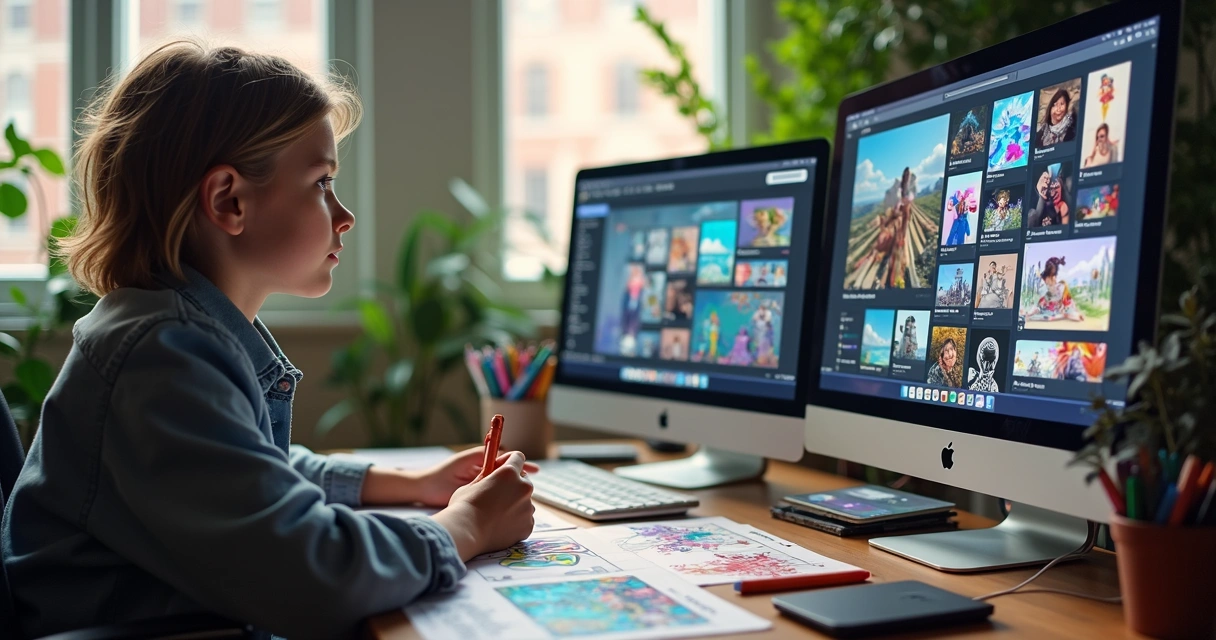 Profissional trabalhando em criação digital com telas de redes sociais 