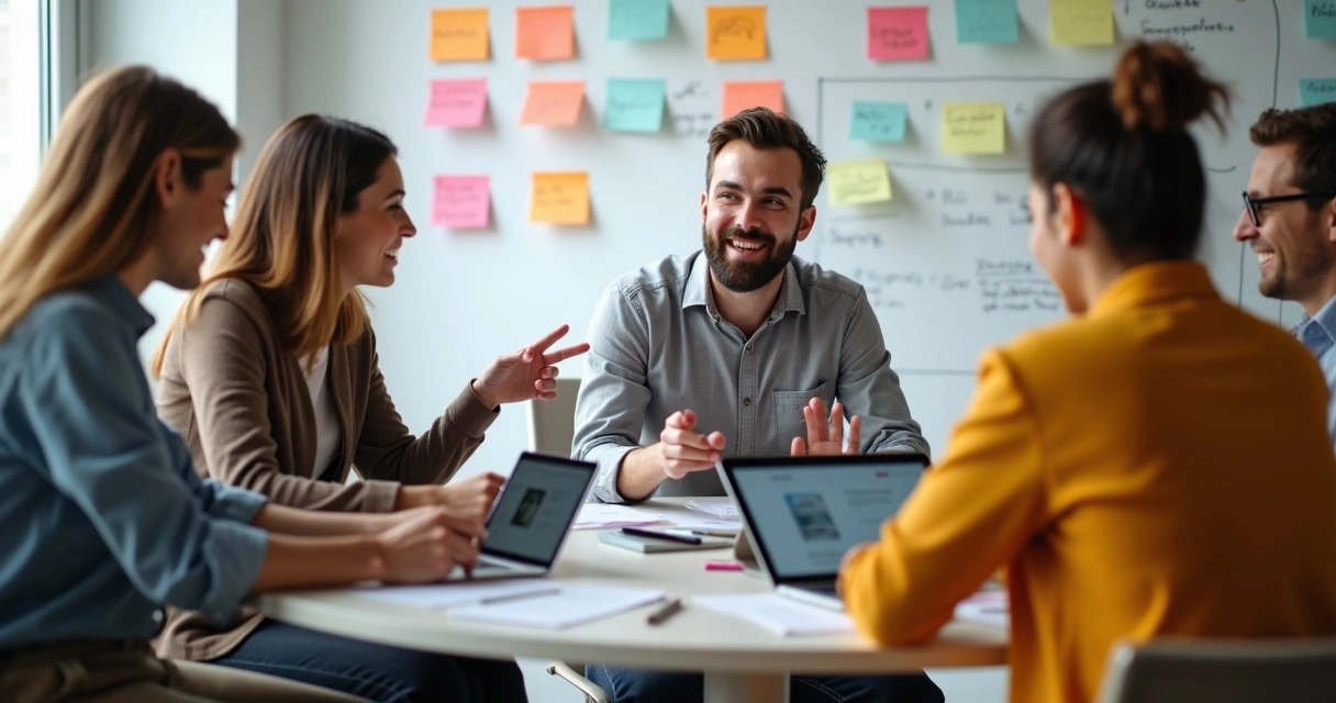 Equipe de marketing criando conteúdo digital em reunião informal 