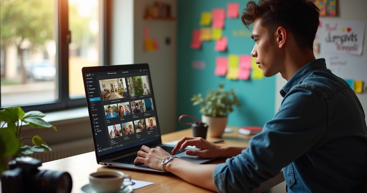 Jovem profissional criando conteúdo digital em Taubaté utilizando notebook e câmera DSLR 
