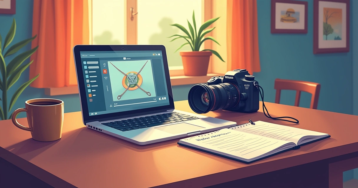 Notebook, câmera e caderno abertos com roteiro de vídeo na mesa 