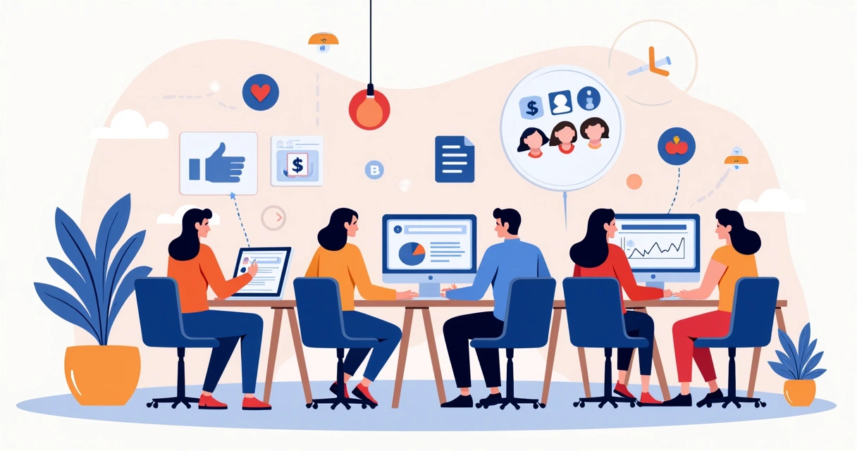 Grupo de pessoas criando conteúdos digitais em diferentes telas 