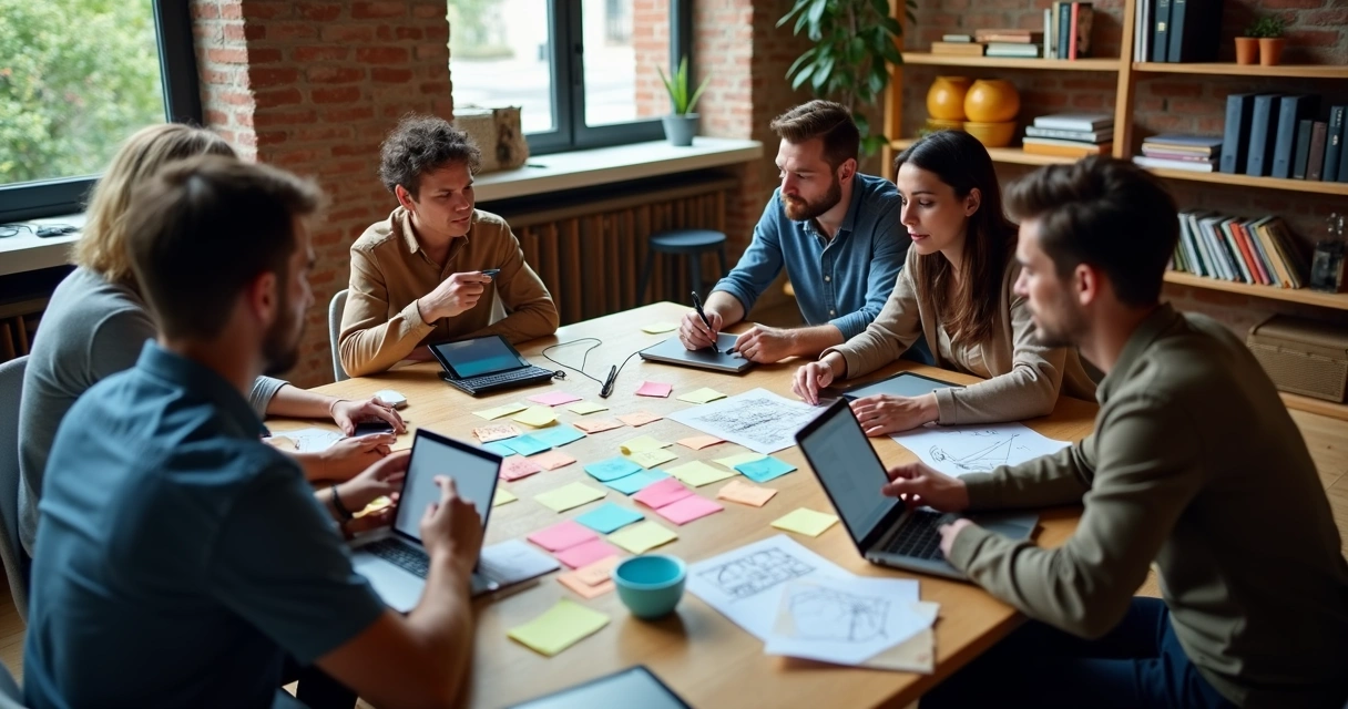 Equipe criativa produzindo conteúdo digital, brainstorming com tablets e anotações 