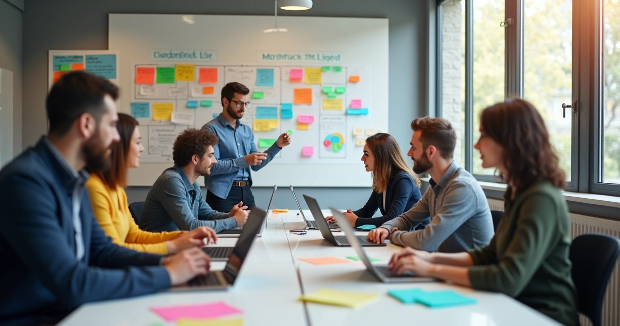 Equipe de marketing criando estratégias de conteúdo em sala de reunião com quadros brancos e computadores. 