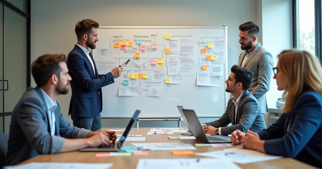 Equipe trabalhando em conteúdo focado no cliente com quadro de problemas e soluções 