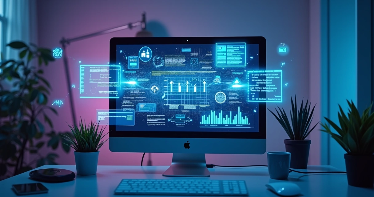Computador criando conteúdo digital com inteligência artificial 