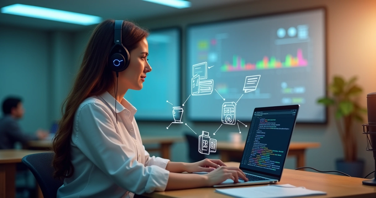 Professor usando laptop para criar conteúdo educativo automatizado 