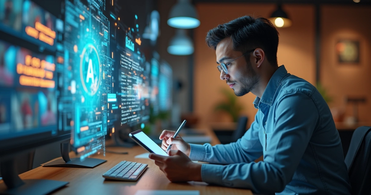 Profissional criativo usando tablet para gerar arte digital com IA ao lado de elementos de texto e imagem 