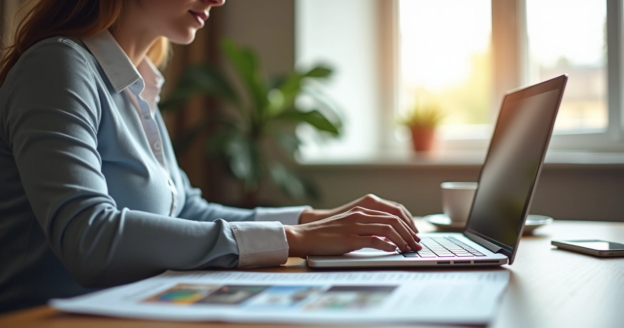 Corretor escrevendo artigo no notebook em mesa organizada 