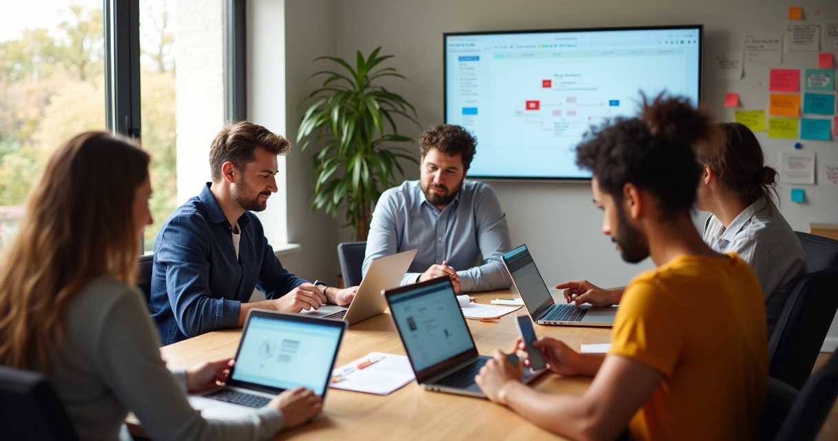 Equipe desenvolvendo conteúdo interativo digital juntos em uma mesa