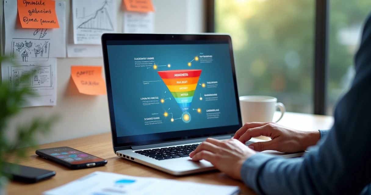 Profissional trabalhando em laptop com funil de vendas desenhado na tela 