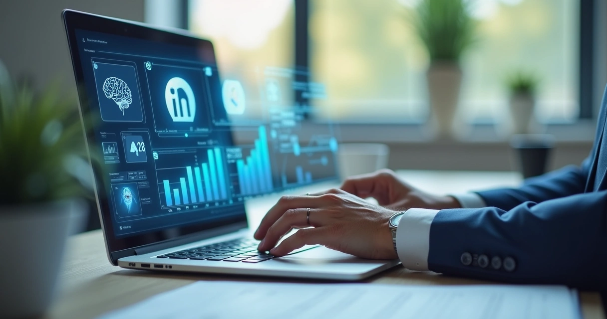 Profissional digitando em notebook com gráficos digitais e símbolos de IA ao fundo 