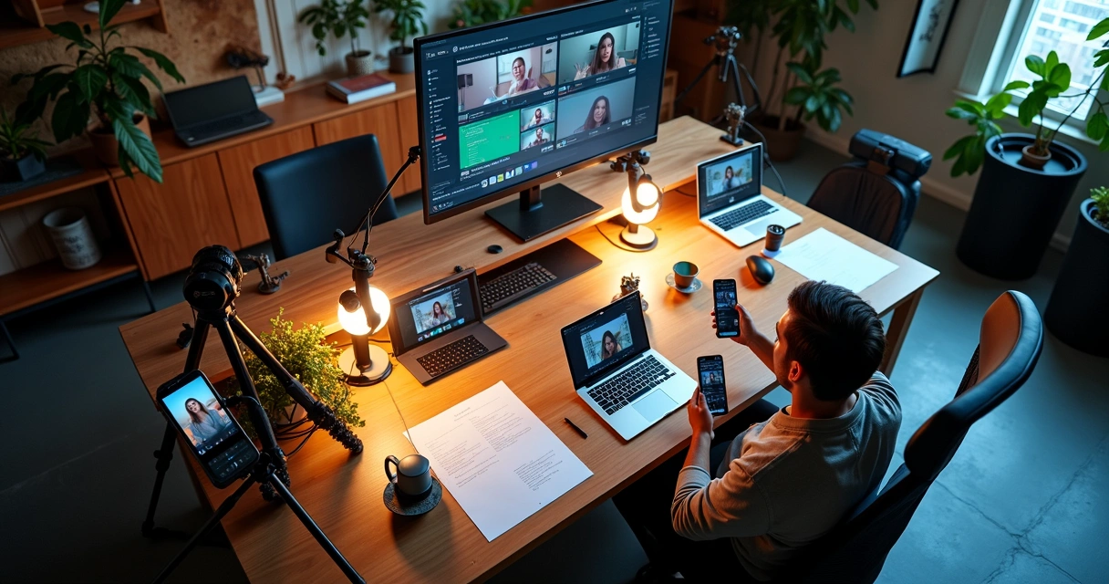 Produtor de conteúdo criando vídeos em lotes para redes sociais. 