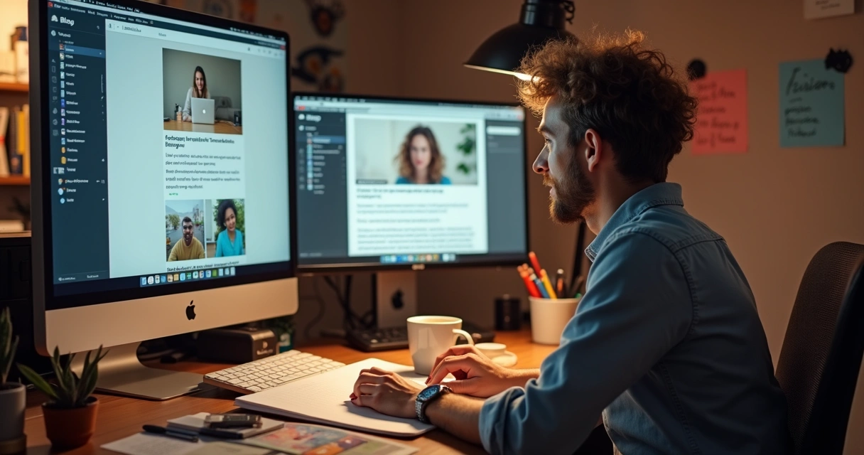 Redator digital criando conteúdo visual em múltiplas telas 