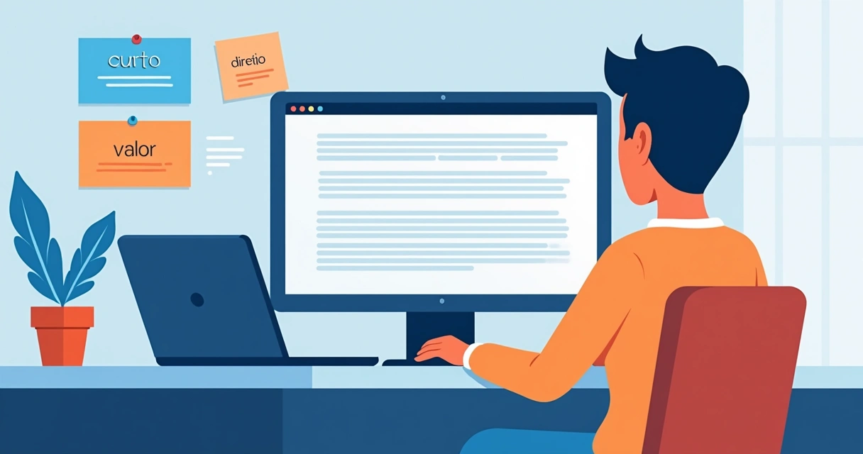 Redator digital escrevendo conteúdo otimizado em notebook 