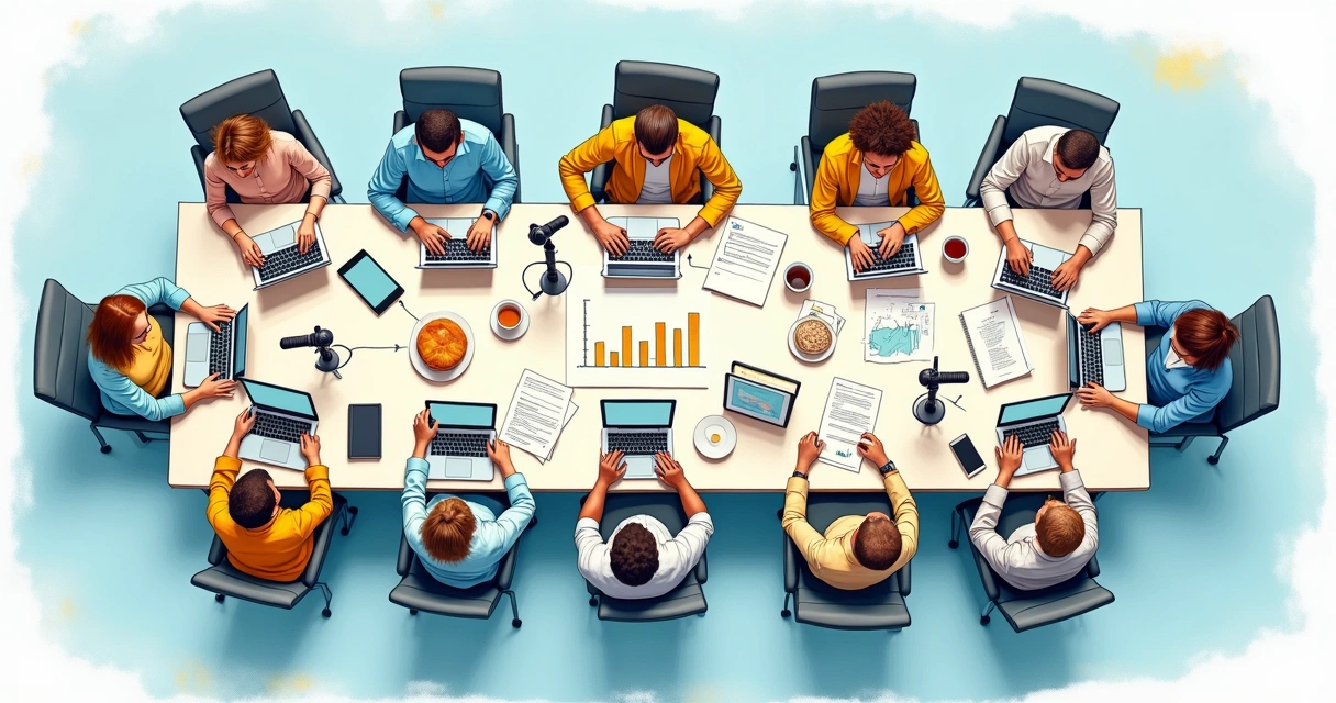 Representação de pessoas criando conteúdo digital sobre mesa com papéis, notebooks e gráficos. 