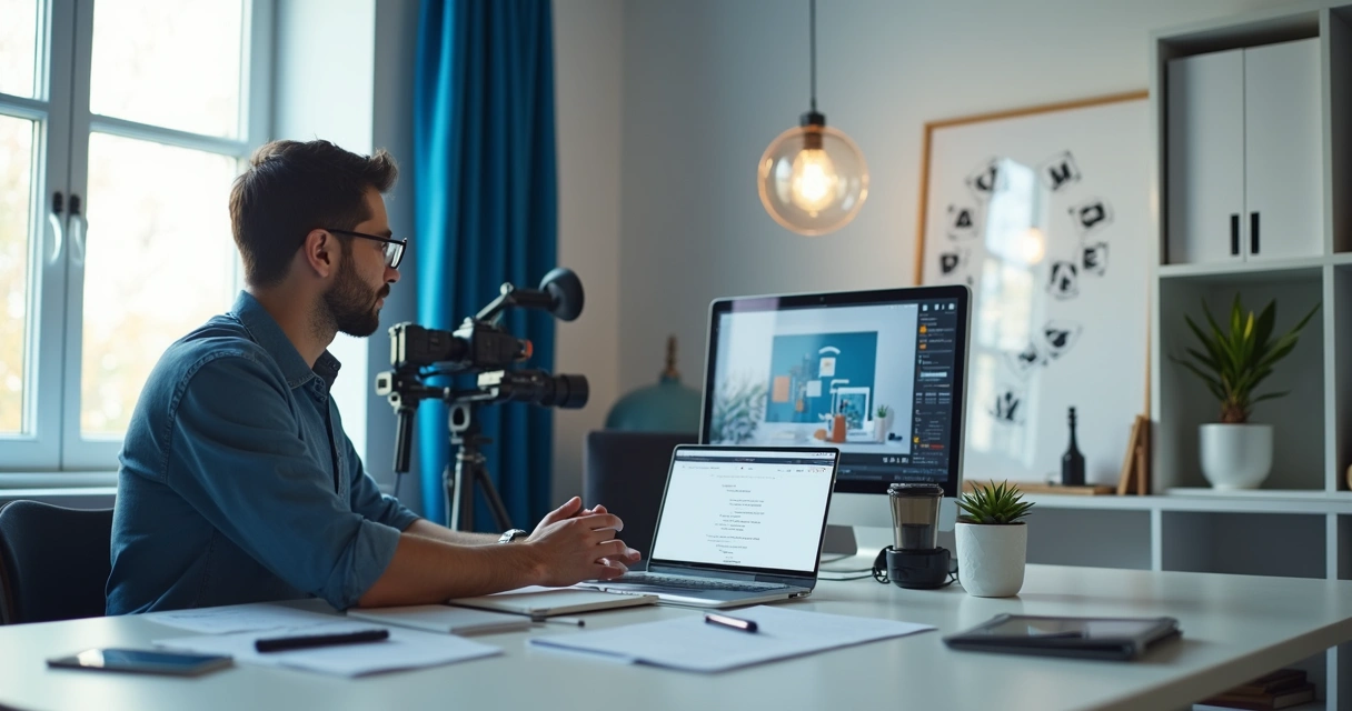 Marketing Digital em 2026: Estratégias Reais para Vender Mais com Visão de Produto 6 Profissional produz vídeo ao lado de laptop com roteiro de conteúdo