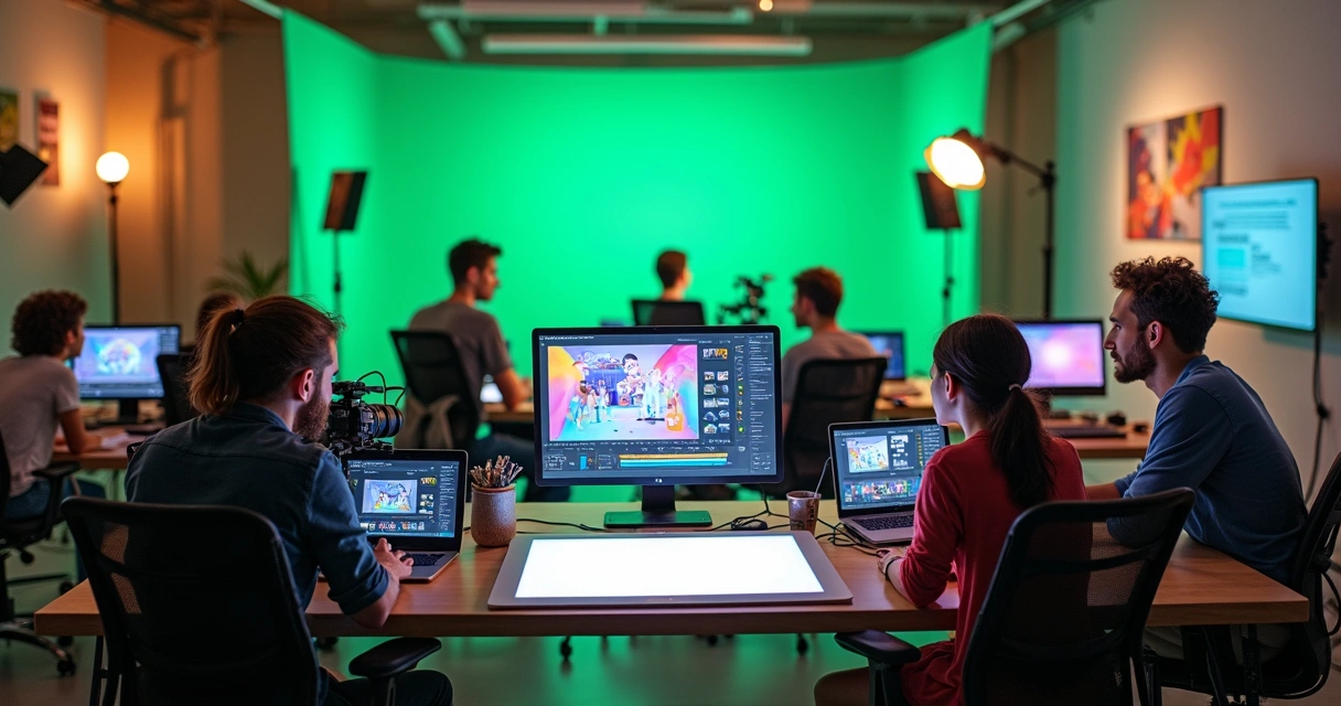 Equipe criando conteúdo multimídia com câmeras e computadores 