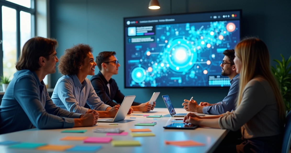 Equipe analisando imagens digitais geradas por IA em reunião 
