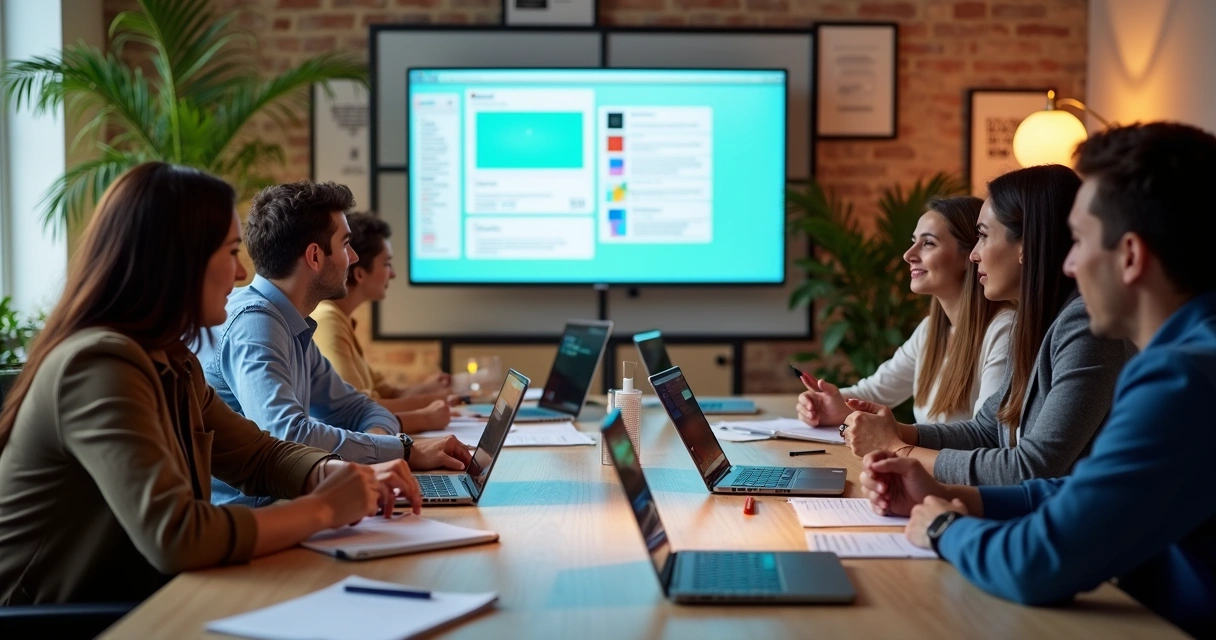 Equipe criando conteúdo otimizado para site em escritório 