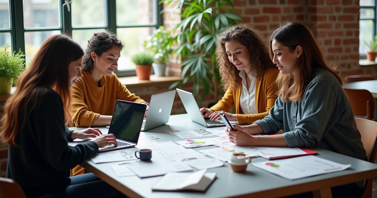Equipe preparando conteúdos digitais em notebooks e celulares 