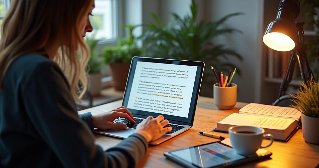 Profissional escrevendo conteúdo digital em notebook. 