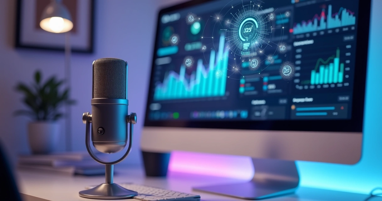 Microfone de podcast em destaque diante de mesa com computador, elementos digitais de inteligência artificial ao fundo 