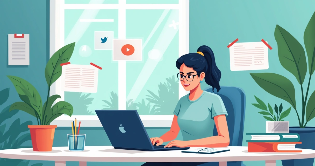Ilustração de uma pessoa criando conteúdo de qualidade em um ambiente de trabalho moderno com laptop, anotações e plantas.