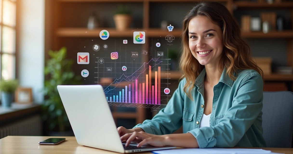 Mulher criando conteúdo digital em notebook, com gráficos coloridos ao fundo