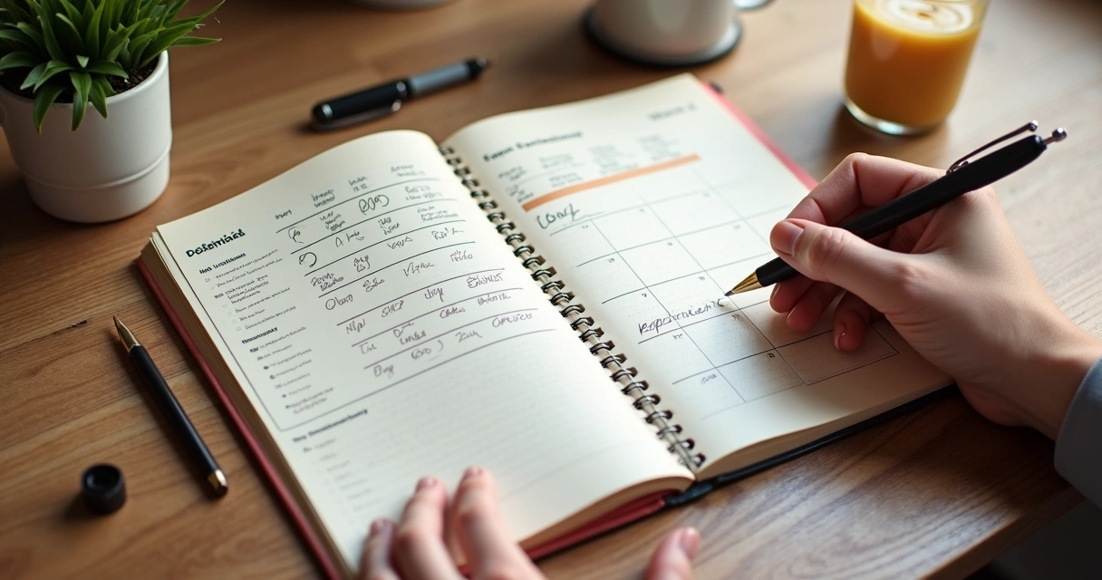 Notebook com editor de textos aberto mostrando calendário de planejamento de conteúdo 