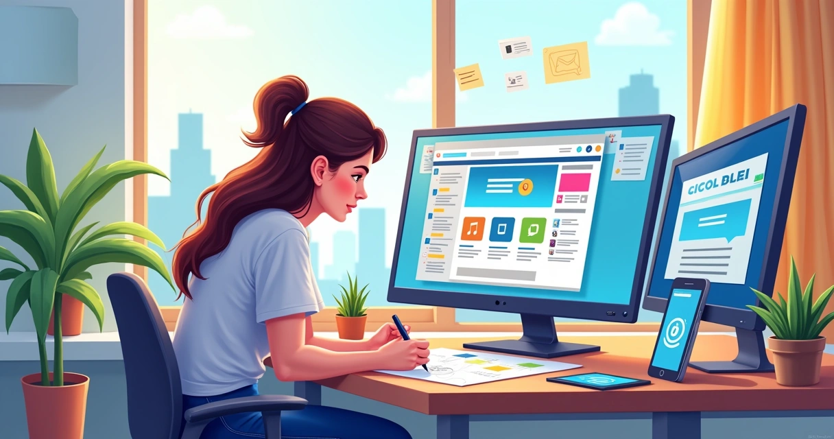 Profissional criando post para redes sociais em ambiente de trabalho moderno 