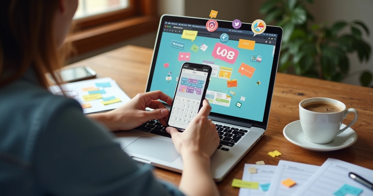 Pessoa usando notebook, planejando posts de negócio nas redes sociais 