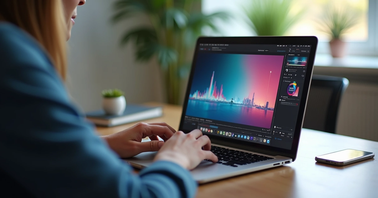 Pessoa editando vídeo em notebook com redes sociais ao fundo 