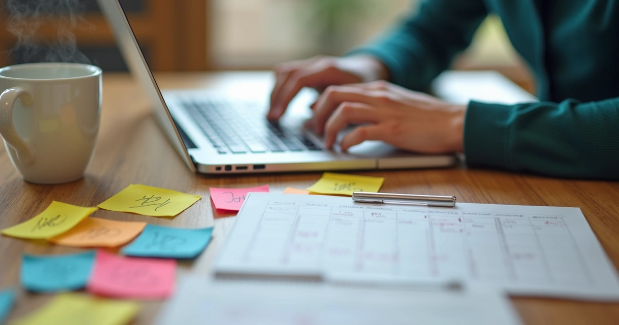 Redator digitando em laptop com post-it e café ao lado 