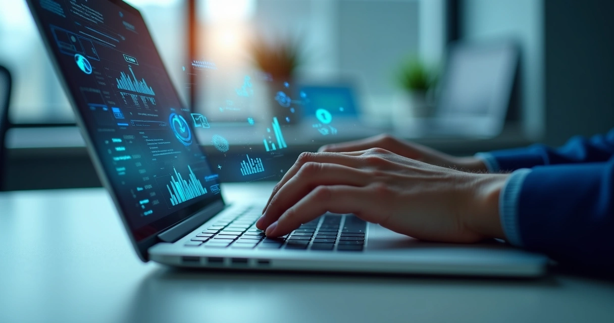 Pessoa digitando em laptop com gráficos e ícones de software ao redor 
