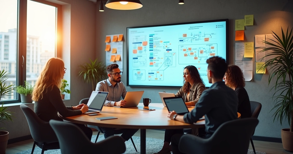 Equipe de treinamento reunida em sala moderna, discutindo conteúdo visual em telas digitais