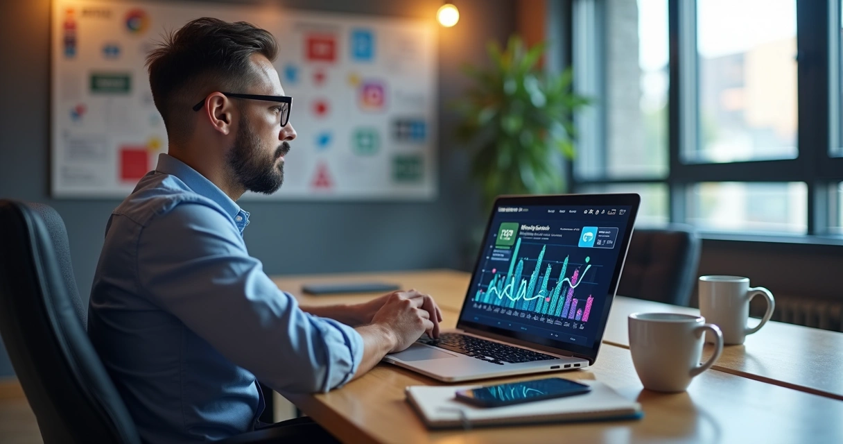 Profissional criando conteúdo viral num escritório moderno com tela mostrando gráficos e redes sociais 