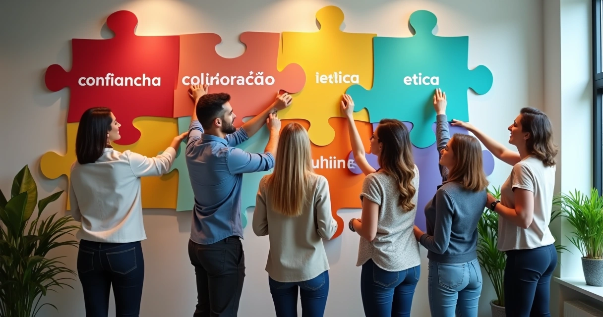Funcionários colocando peças de quebra-cabeça em mural da empresa 